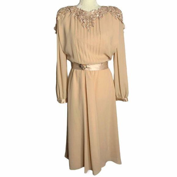 Vintage 80s Pleated Chiffon Midi Dress M Pink Embroidered Applique Satin Belt - Picture 2 of 11